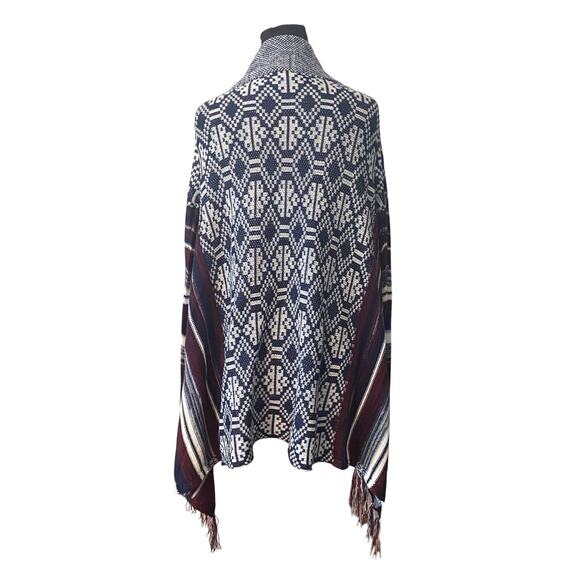 Cozy Boho Southwest Fringe Cardigan Sweater Open Front Waterfall Hem Blue Red L - Picture 2 of 8